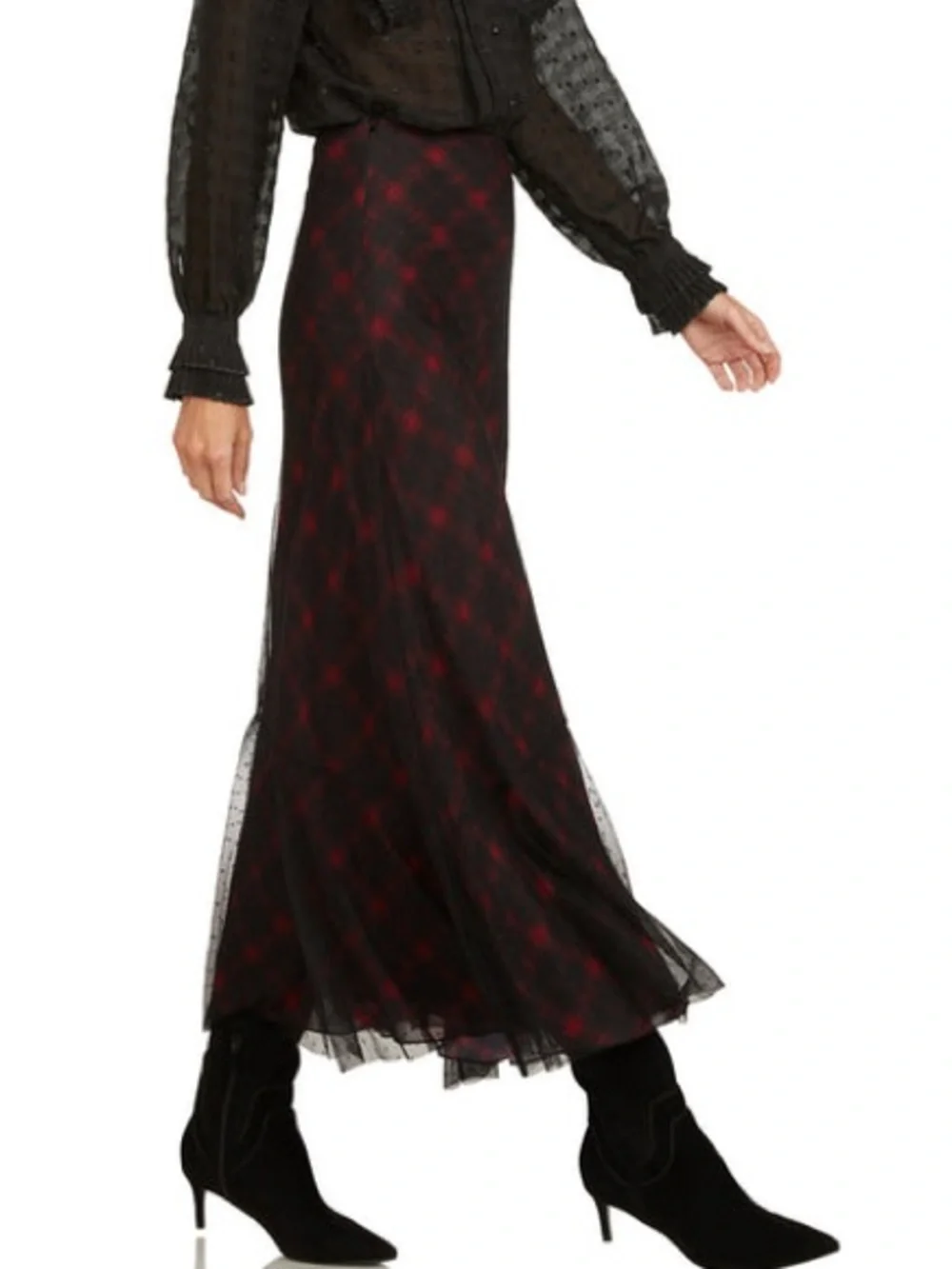 Trish Scully Black Red Plaid Mesh Polka Dot Overlay Trumpet Maxi Skirt- Size 2